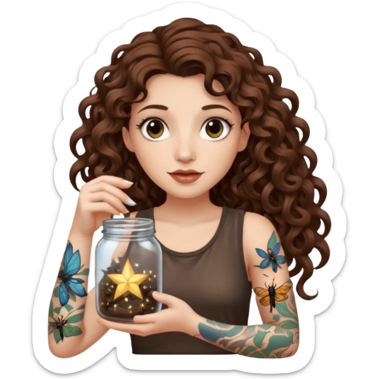 woman with long curly brown hair, brown eyes, white skin, tattoos, holding a jar of captured starlight insects sticker
