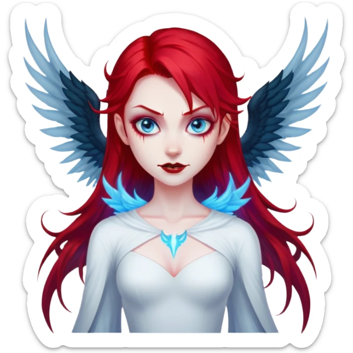 extremely diabolical girl with giant towering wings, blood red hair, glowing blue eyes, black hellfire aura, no horns, evil grin sticker