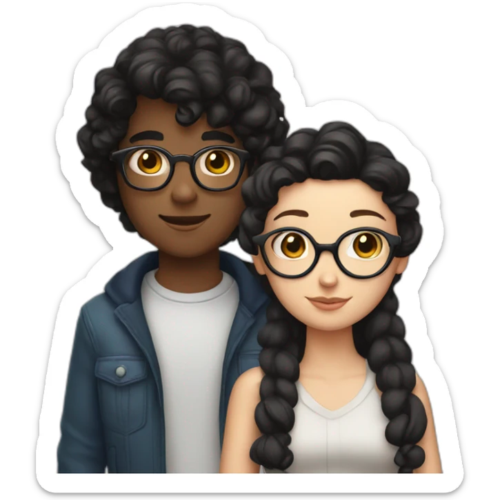 a white Boy with black hair and curler and with glasses on. and a white girl with long brown hair without glasses, hugging each other sticker