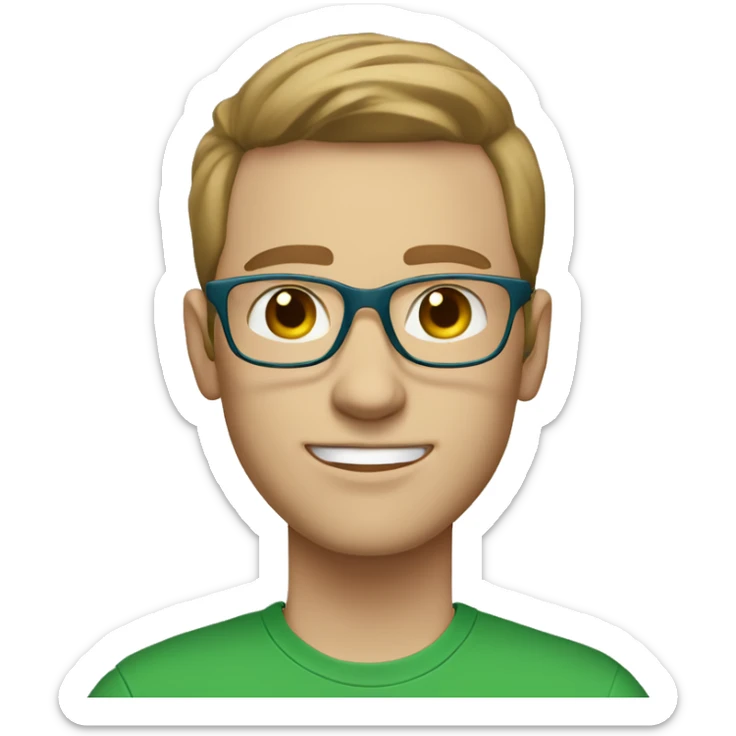 white young man blue eyes and light brown hair and square glasses wearing green t-shirt using laptop sticker