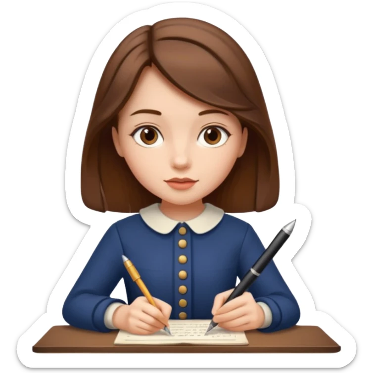 a girl is Writing in a Paper in a vintage outfit with old type pen  sticker