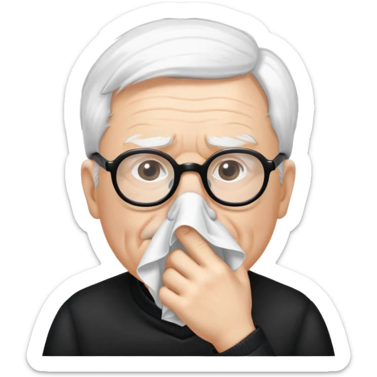 Create me an image of an  old man with white skin and white hair with black framed glasses Blowing his nose on a handkerchief  sticker