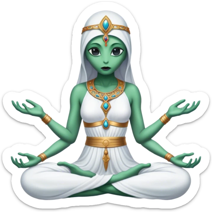 a Reptilian alien woman,in meditation, white dress like a priestess sticker