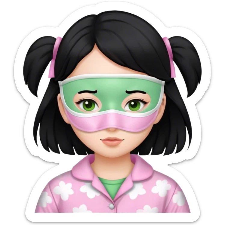 Una chica con pelo negro vestida con una pijama rosada blanquita y que tenga una mascarilla verde en la cara sticker