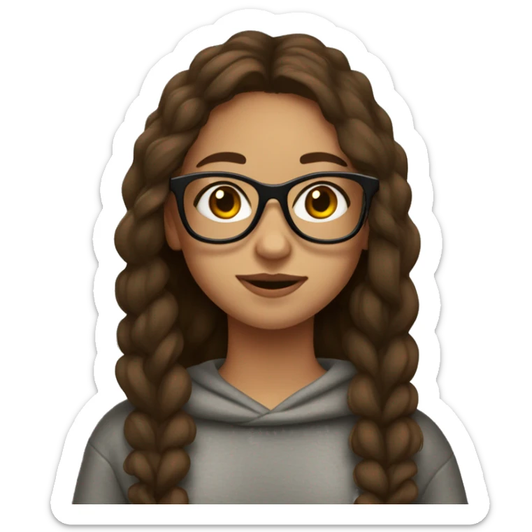 girl wearing glasses, long brown hair, brown eyes, tall, wearing a sweatshirt, leggings, freckles,  sticker