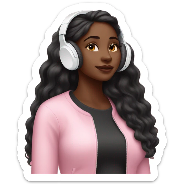 Pretty black woman long hair listening to AirPod pro earbuds pink  sticker