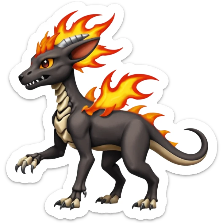 Skeletal Shiny Glowing Badass Edgy Evil Fiery Flaming Volcanic Draconic Cubone-Salandit-Houndoom-Houndour-Marowak-Poochyena-Litten-Fakémon-hybrid-creature (full body), 4 legs sticker