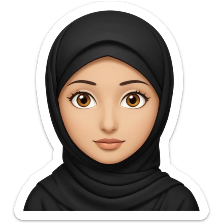 A Arabic woman human with brown eyes and black hijab. , the human is a human, the cat is black and white and the other cath is black and white,,  NO EARS ON THE HUMAN ,  sticker