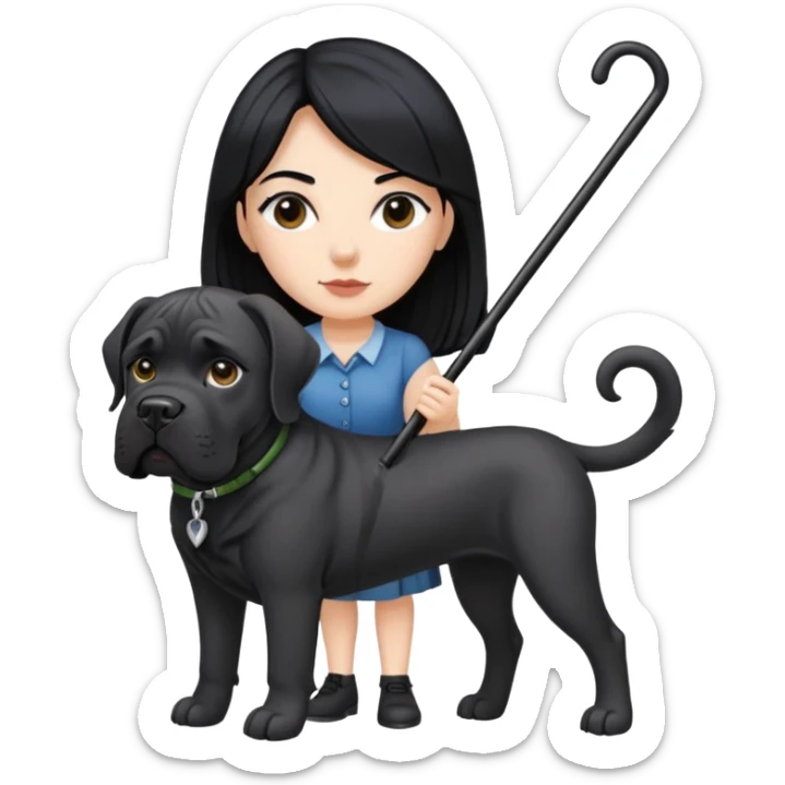 Woman with long black hair holding a black Cane Corso dog with cropped ears sticker