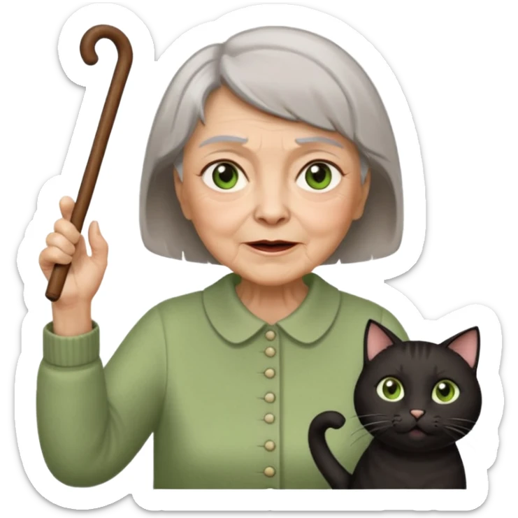 A grouchy old lady with a wooden cane in her hand waving it in the air shouting out "Stay Off My Lawn!" Hair Is short brown with some grey in it eyes are brown also  a pure black cat with big green eyes sitting on her left shoulder. The cat has her left paw up sticker