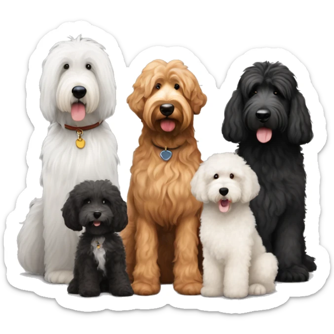 A tall, black golden doodle, a old English sheepdog, a brown golden doodle, and a smaller black goldendoodle together sticker