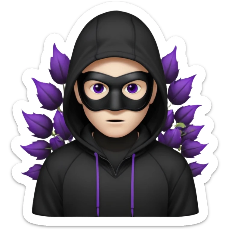 non human male cartoon character related to a shadow, with all black clothes, focusing a black hoodie, and a black hockey face mask covering his entire face, just his purple shadow eyes making a light bloom, no background sticker