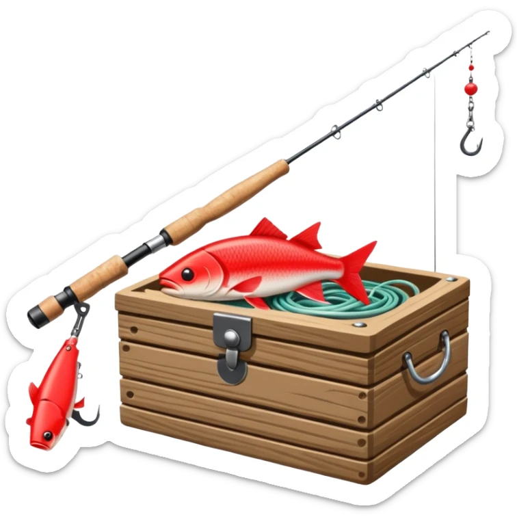 A fishing rod with reel and line neatly coiled beside a bait box.

 sticker
