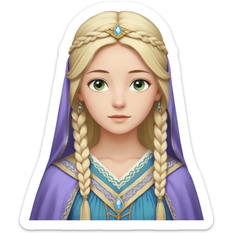 Joven de unos 30 años, de aspecto dulce y elegante.
Piel clara, ojos (pueden ser azules o verdes)
Rubio o castaño claro, largo, con trenzas o velo.
Vestido largo de tonos suaves (blanco, azul o lavanda), con bordados dorados; un manto o toca fina cubriendo la cabeza. Haz todo el cuerpo. sticker