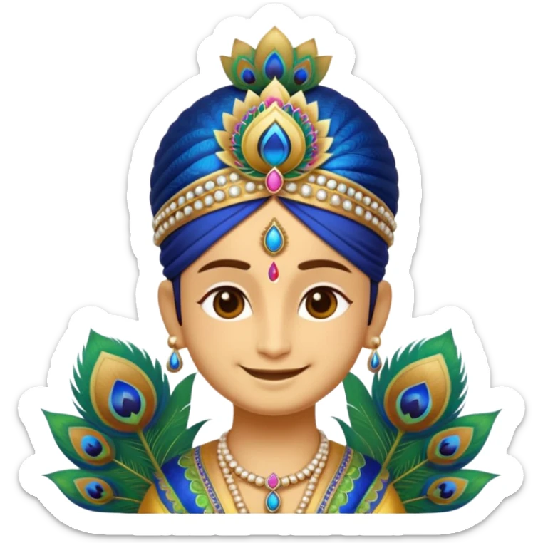 Create a cute and divine emoji of Khatu Shyam Ji with a charming smile, glowing aura around the head, traditional Rajasthani attire, peacock feather on the crown, tilak on the forehead, holding a lotus flower, with a soft golden background and spiritual energy radiating from the emoji face." sticker