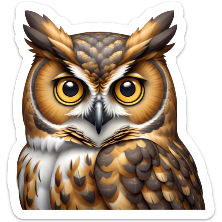 Cinematic Cute Great Horned Owl Portrait Emoji, Head tilted playfully and inquisitively, featuring a lush mottled Fur with intricate patterns of gray and white, round, sparkling golden eyes filled with curious wonder, Simplified yet irresistibly adorable features, highly detailed, glowing with a warm, friendly glow, high shine, affectionate and wise, stylized with a touch of nocturnal whimsy, bright and endearing, soft glowing outline, capturing the essence of a mischievous yet loving owl, so playful it feels like it could glide out of the screen and perch in your arms! sticker