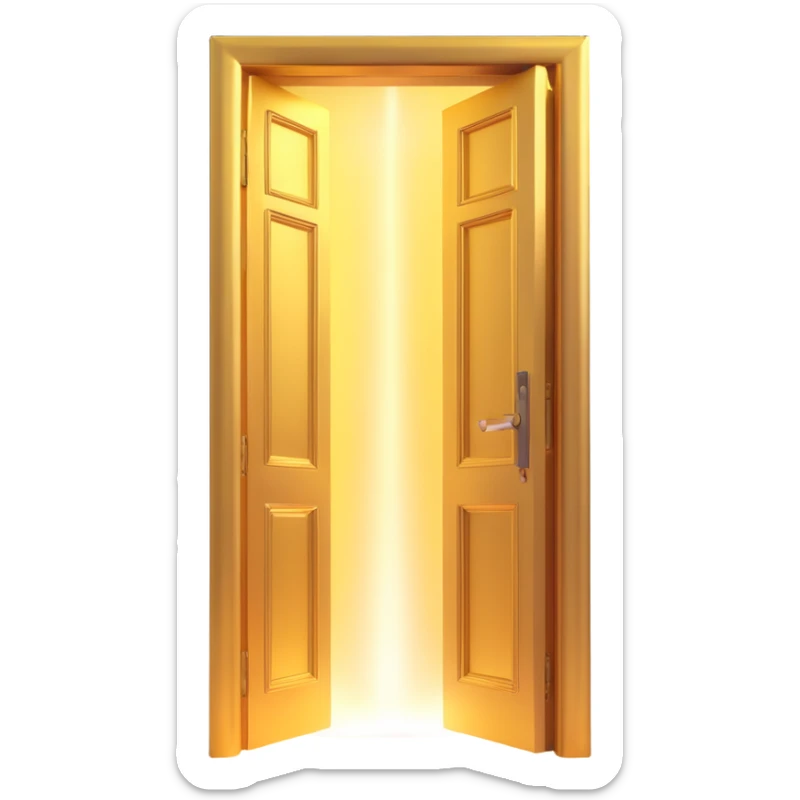 3D emoji style, pitch black scene with an ornate golden door slightly open. Extremely strong, wide, and bright white light beam and glowing haze pouring through the crack. Cinematic and dramatic atmosphere with a clearly visible light shaft. No background. sticker