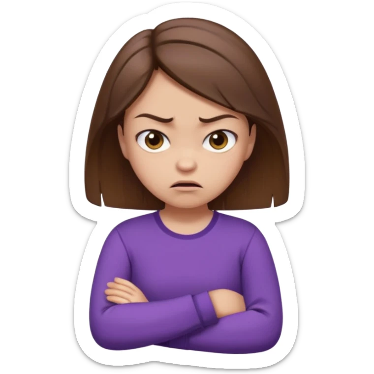 Angry Pouty girl with small squinted eyes folding arms in a purple longsleeve shirt she has fair skin and brown hair sticker