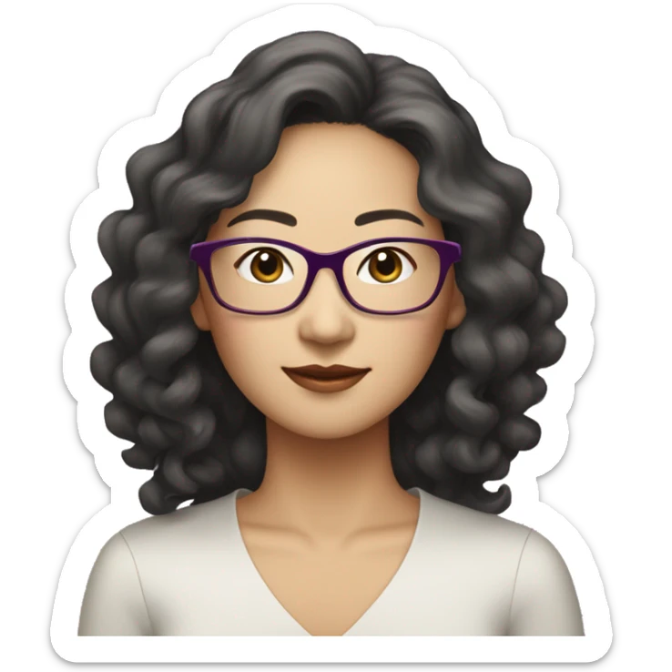 Elegant fair asian woman in her 40s, wearing rimless spectacles, long curly hair, slightly plum sticker