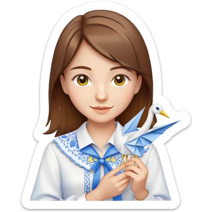 Happy Ukrainian young girl with brown hair in a white embroidered shirt holds an origami yellow and blue crane sticker