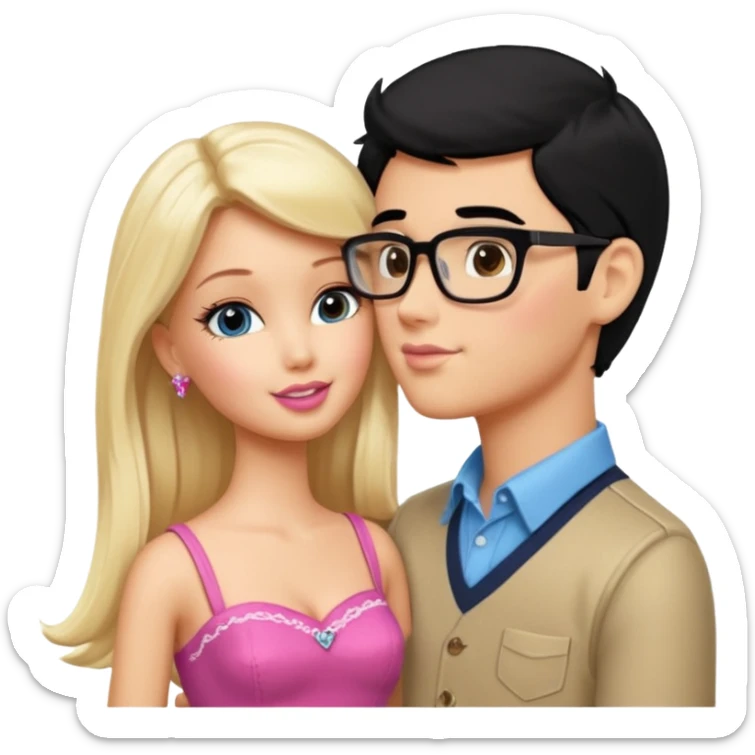 pretty light blonde girl barbie kissing boy nerd with black hair and tan skin on the cheek sticker