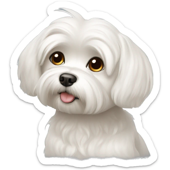 Maltese dog with a little brown hair and a blog nose sticker