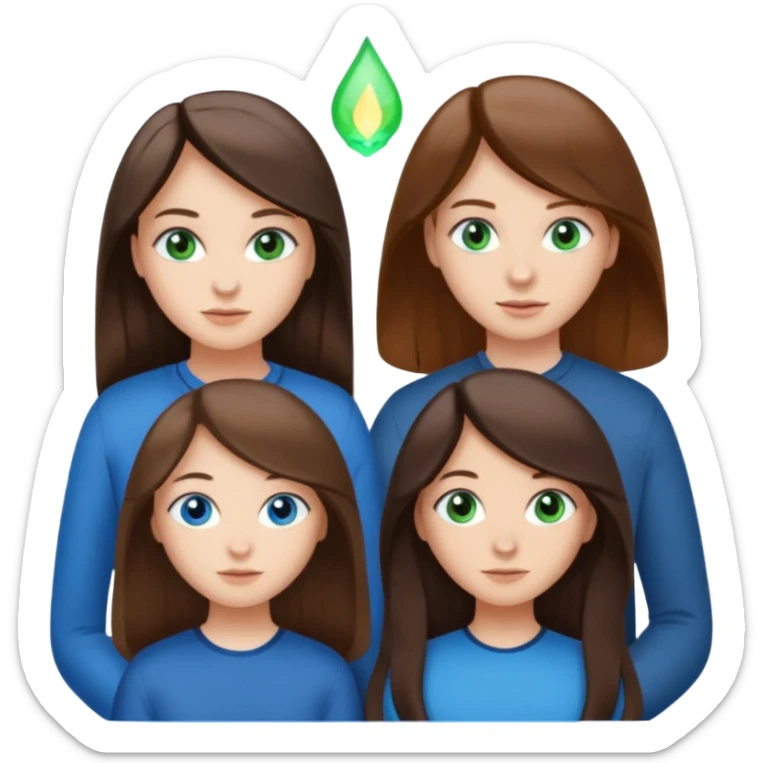 Three people total: Two girls brunette one with straight long hair and blue eyes one with curled hair middle length and green eyes and the other a boy lighter brown with blue eyes  sticker
