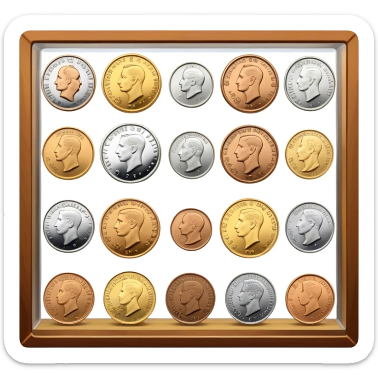 Icon for Coin Collecting: a collection of various vintage and modern coins, neatly arranged in a display case or on a table. The icon should highlight the diversity and historical value of coin collecting. Transparent background. sticker