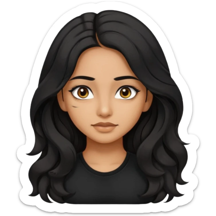 a pretty tan indian bratz girl. eyeliner on, wearing a black tshirt. wavy long BLACK coloured hair sticker