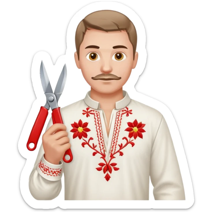 A Ukrainian man wearing traditional white embroidered vyshyvanka shirt holding red scissors in one hand and a spanner/wrench in the other hand sticker
