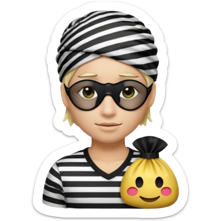 Realistic ios emoji-style portrait of a classic burglar, a black eye mask and a black-and-white striped shirt. Highly detailed, natural skin texture, realistic shadows, smooth gradients, glossy reflections in the eyes. emoji-like hair, black hat, an emoji bag of money in a right corner  sticker
