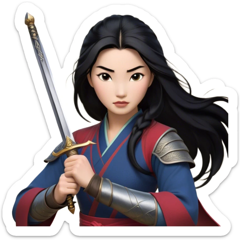 Cinematic Realistic Mulan Portrait, depicted with lifelike skin texture, soft natural lighting, and intricately detailed long black hair styled elegantly. Her deep, expressive eyes exude determination and grace, complemented by a serene yet confident expression. She stands with one hand resting on the hilt of her sword, the other by her side, exuding strength and poise. She is dressed in her classic attire, with rich fabric textures and delicate folds that catch the light beautifully. The portrait features a soft, enchanting glow with a natural, radiant finish, capturing the essence of timeless strength and beauty in a realistic and painterly style, evoking a sense of depth and authenticity. sticker