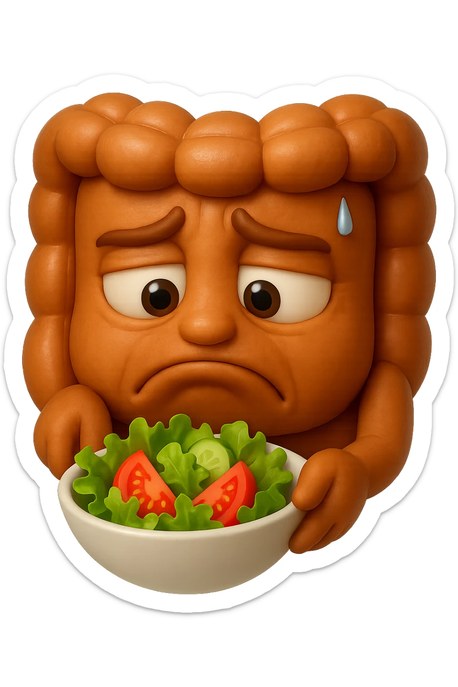 EMOJI STILE IPHONE DI UN INTESTINO UMANO ANATOMICO CHE GUARDA UN INSALATA CON ESPRESSIONE TRISTE E RASSEGNATA IN VOLTO: SOFFRE LA FAME PERCHé è A DIETA, FAGLI ANCHE LA PARTE BIANCA DEGLI OCCHI, NON SOLO LE PUPILLE, IPERREALISTICO 4K sticker