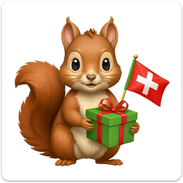 a squirrel holding a green gift box in one hand and a red Swiss flag in the other, both objects clearly visible, simple white background, the gift is a different color from the flag sticker