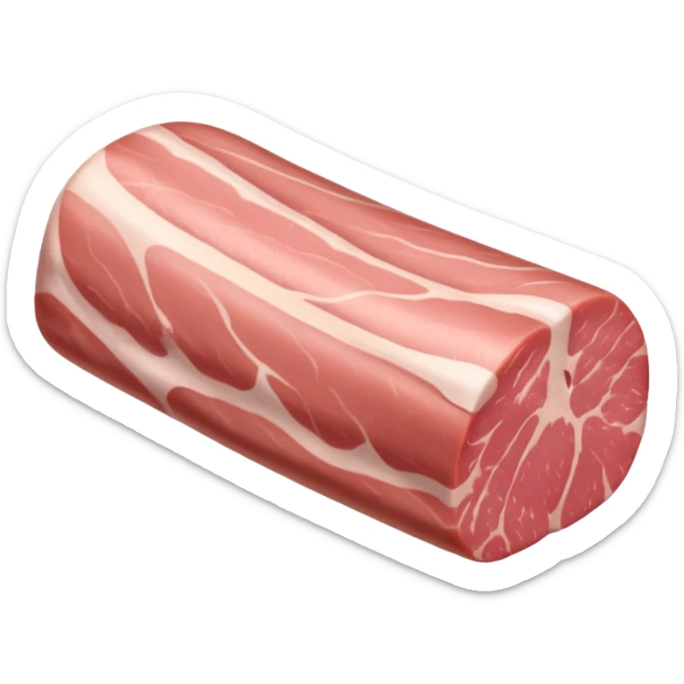 raw pork tenderloin, whole boneless, long tapered curved, soft pink, smooth, fine muscle grain, minimal marbling, clean, moist, no cutting board, knife, garnish, or faces, clean 3D, soft shadows, transparent background, emoji scale sticker