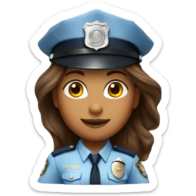 A police woman, brown skin., long hair, happy, with police hat sticker