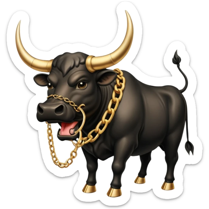 The emoji is an angry black powerful bull with steam coming out of its nose and a gold chain hanging from its neck with the inscription "bull run" sticker
