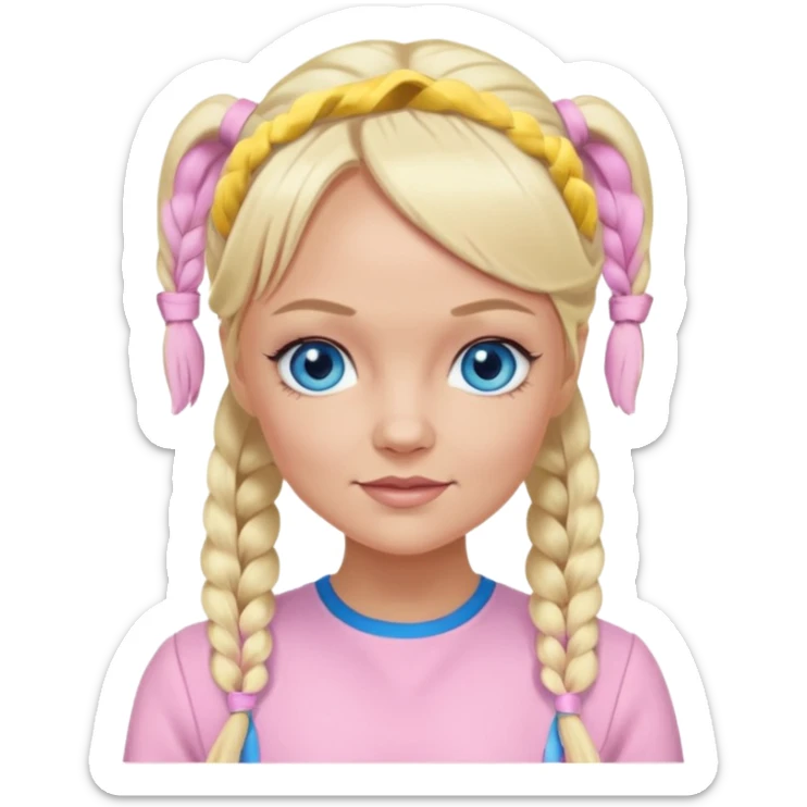 Emma Bunton blue eyes, long blonde pigtails hair, light pink outfit sticker