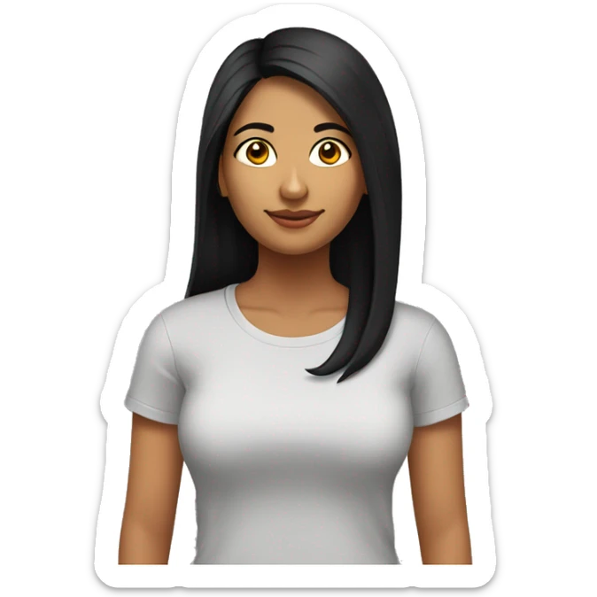 A 25 year old, South Asian woman, with long black hair,   wearing a t-shirt. sticker