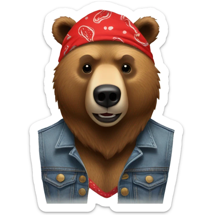 grizzly bear wearing sleeveless jean jacket and red bandana around head with open mouth sticker