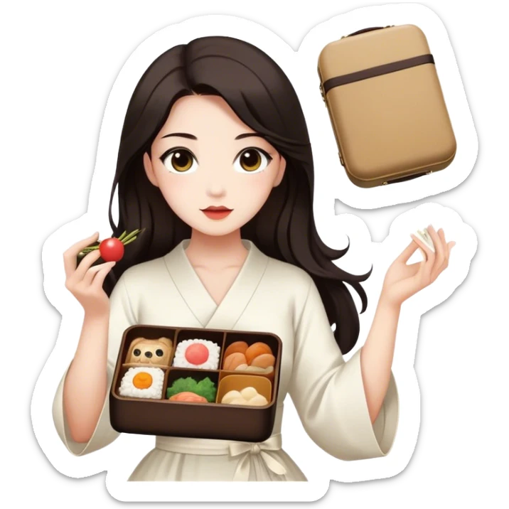 Beautiful woman in 1950’s woman fashion look, white dress, long dark brown hair, Japanese bento sticker