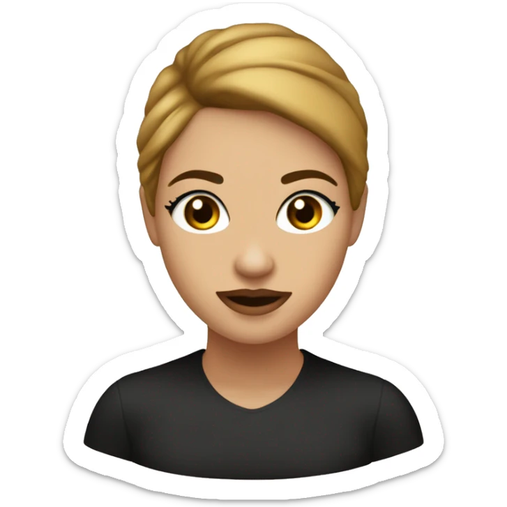 Crea un emoji de una chica blanca con el cabello castaño claro liso, ojos cafés y labios gruesos. Que tenga un top negro sticker