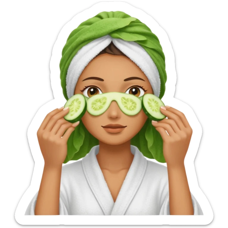 woman at the spa with cucumbers slices covering her eyes and tan skin tone with towel completely covering hair and robe on sticker