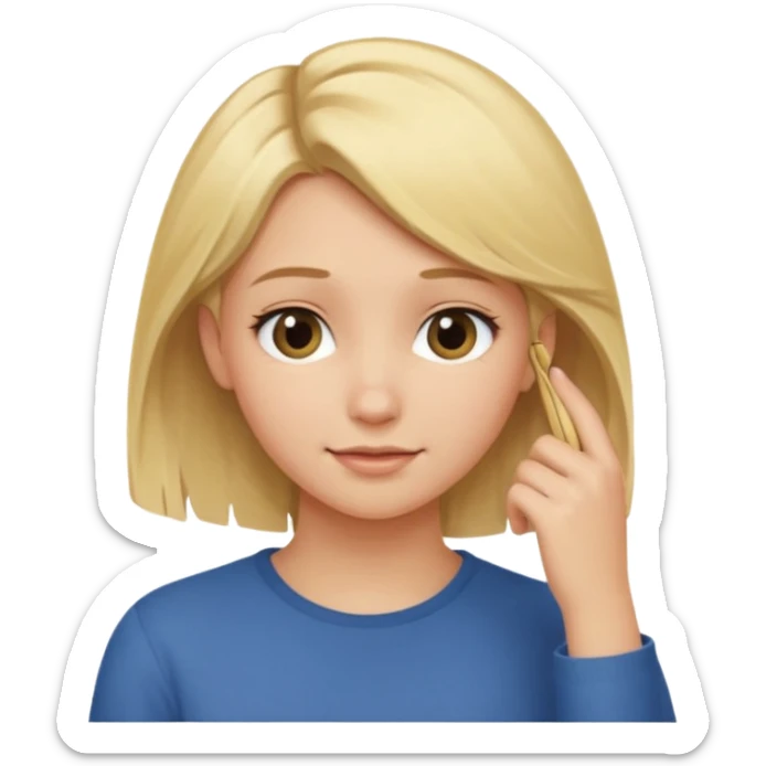 blonde girl tucking her hair behind her ear, slightly looking down, soft smile  sticker