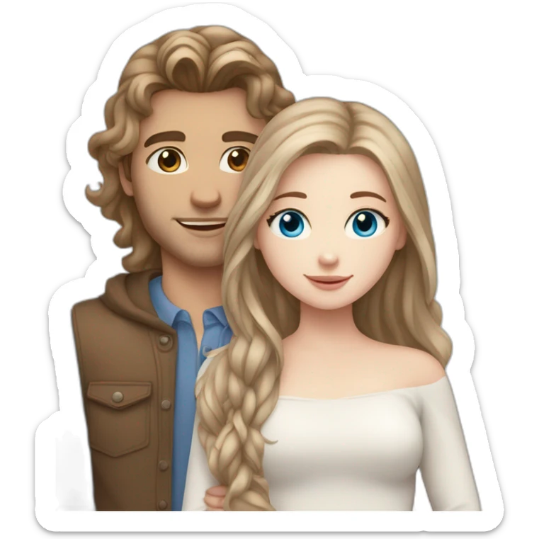 white skin girl with blue eyes and long hair hugging white skin boyfriend photographer with brown eyes they are in love sticker