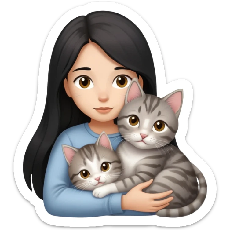girl with black long hair, light-medium skin, brown eyes snuggling light grey tabby kitten sticker
