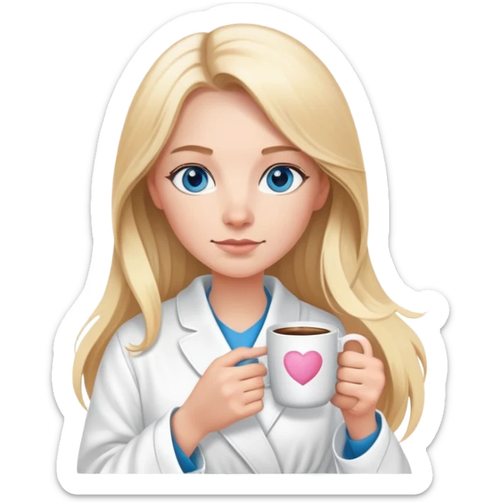 girl
blue eyes
long blond hair
wearing housecoat
holding a white mug of coffee that says mom
wearing rose gold apple watch  sticker
