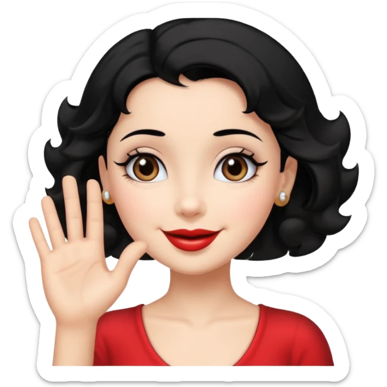 Do not change the face I already created, I want her with Betty boop face and black hair saying happy hello with her hand sticker