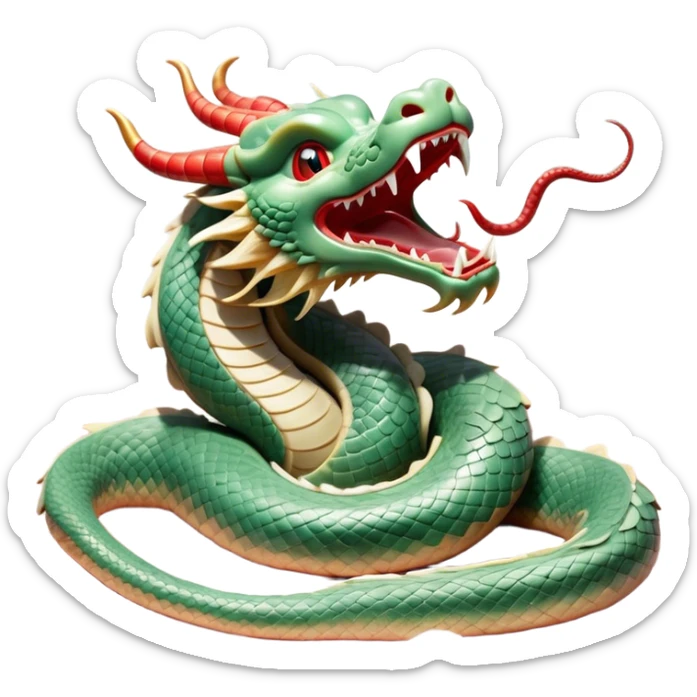 Cinematic Cute Yawning Chinese Serpent Dragon Portrait Emoji, Head gently inclined with a dramatic, wide-open yawn, revealing an elegantly elongated body with softly glowing jade and vermilion scales, enriched by subtle, ethereal cloud and ripple motifs; rendered with authentic detail and delicate natural light, high shine, relaxed yet wise, styled with a dash of ancient mystique, soft glowing outline, capturing the essence of a drowsy but venerable celestial dragon ready to drift into a serene, timeless slumber! sticker