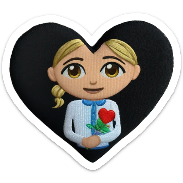 A Ukrainian teacher in an embroidered shirt holds a heart in her hands sticker